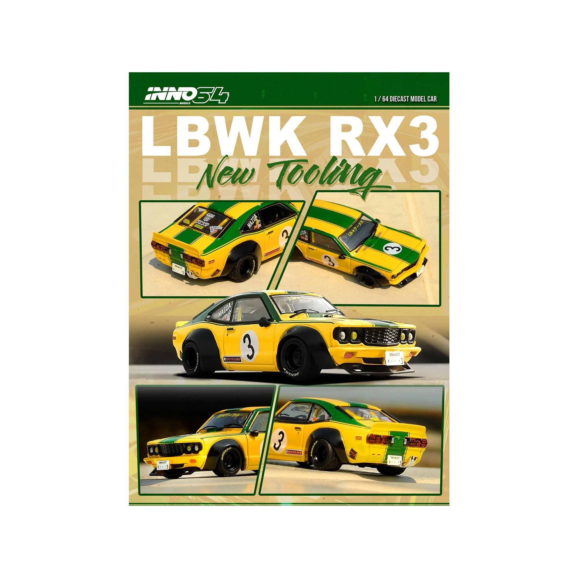 Mazda RX - 3 Liberty Walk RHD (Right Hand Drive) 3 "Savanna" Yellow with Green Stripes 1/64 Diecast Model Car by Inno Models - Inno Models - ModelCars.com