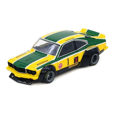 Mazda RX-3 Savanna RHD (Right Hand Drive) #1 "Katayama Racing Livery" Green and Yellow Striped 1/64 Diecast Model Car by Inno Models-Inno Models-ModelCars.com