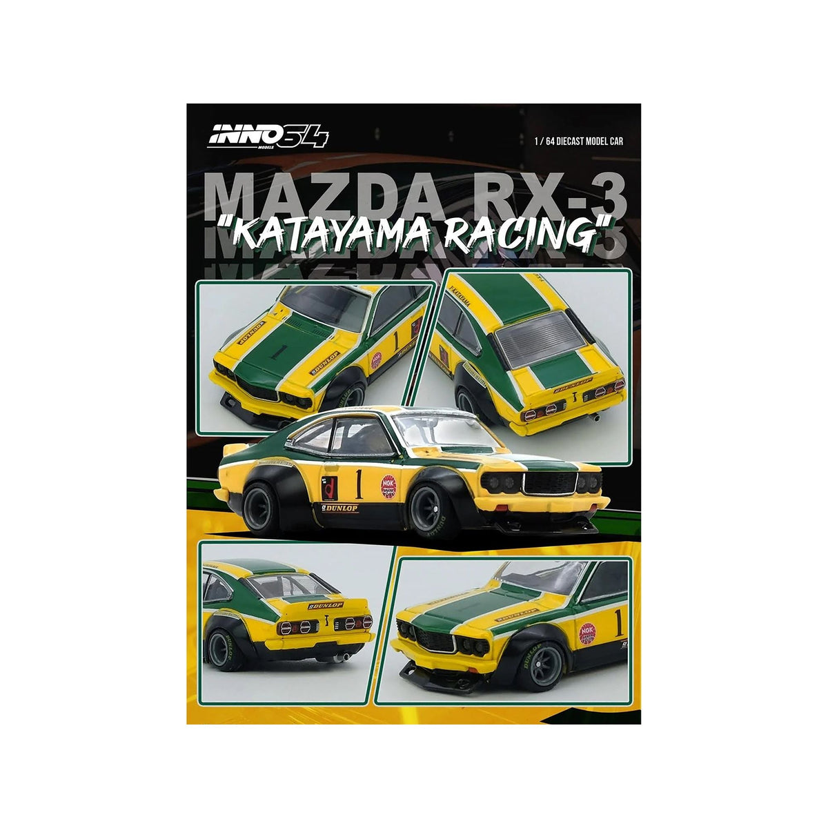 Mazda RX-3 Savanna RHD (Right Hand Drive) #1 "Katayama Racing Livery" Green and Yellow Striped 1/64 Diecast Model Car by Inno Models-Inno Models-ModelCars.com
