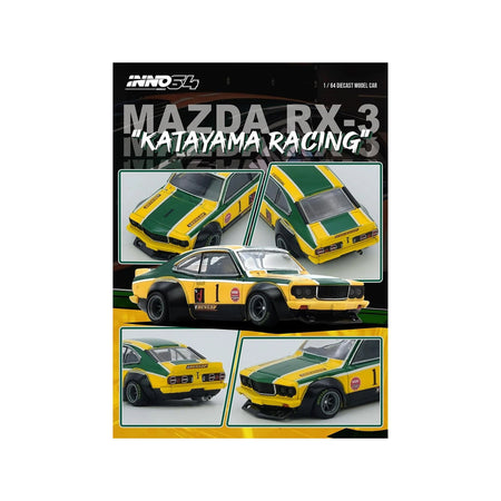 Mazda RX-3 Savanna RHD (Right Hand Drive) #1 "Katayama Racing Livery" Green and Yellow Striped 1/64 Diecast Model Car by Inno Models-Inno Models-ModelCars.com