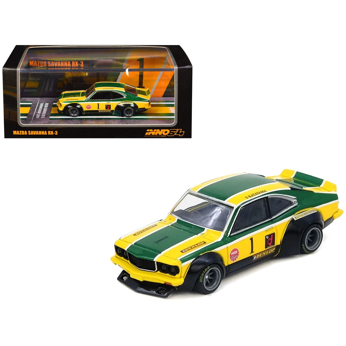 Mazda RX-3 Savanna RHD (Right Hand Drive) #1 "Katayama Racing Livery" Green and Yellow Striped 1/64 Diecast Model Car by Inno Models-Inno Models-ModelCars.com