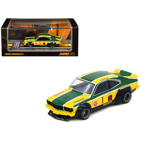 Mazda RX-3 Savanna RHD (Right Hand Drive) #1 "Katayama Racing Livery" Green and Yellow Striped 1/64 Diecast Model Car by Inno Models-Inno Models-ModelCars.com