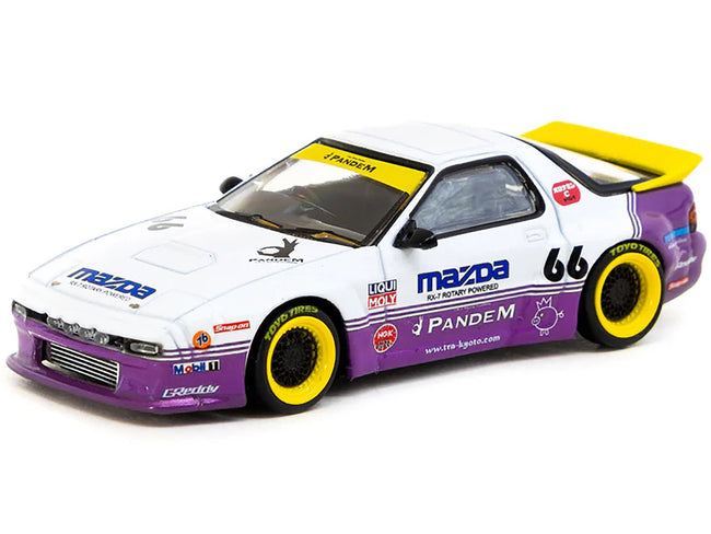 Mazda RX-7 FC3S Pandem RHD (Right Hand Drive) #66 White and Purple with Graphics "Hobby64" Series 1/64 Diecast Model Car by Tarmac Works-Tarmac Works-ModelCars.com