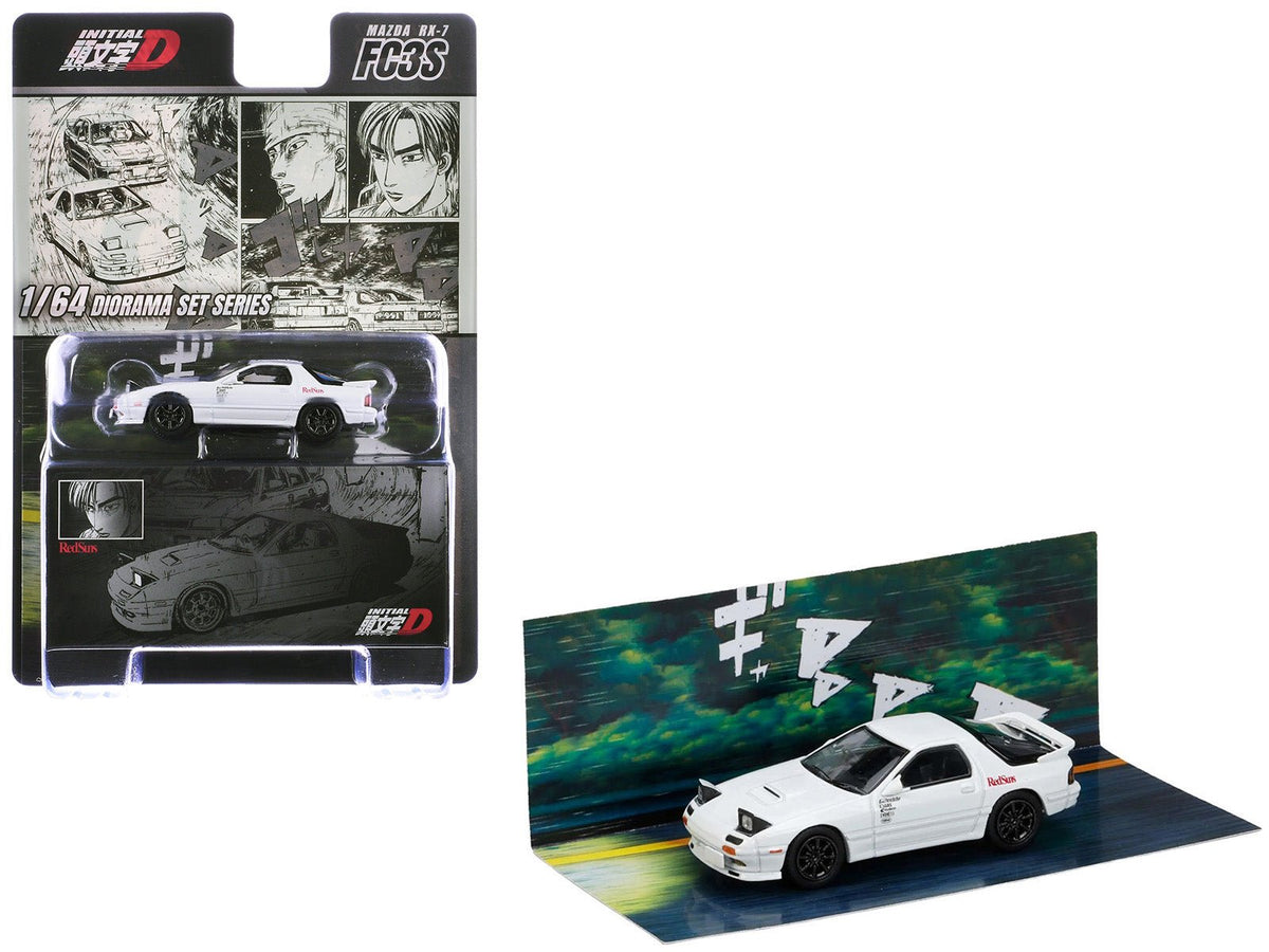 Mazda RX-7 (FC3S) RHD (Right Hand Drive) "RedSuns" White "Ryosuke Takahashi VS Kyoichi Sudou - Initial D" (1995-2013) Manga "Diorama Set Series" 1/64 Diecast Model Car by Hobby Japan-Hobby Japan-ModelCars.com