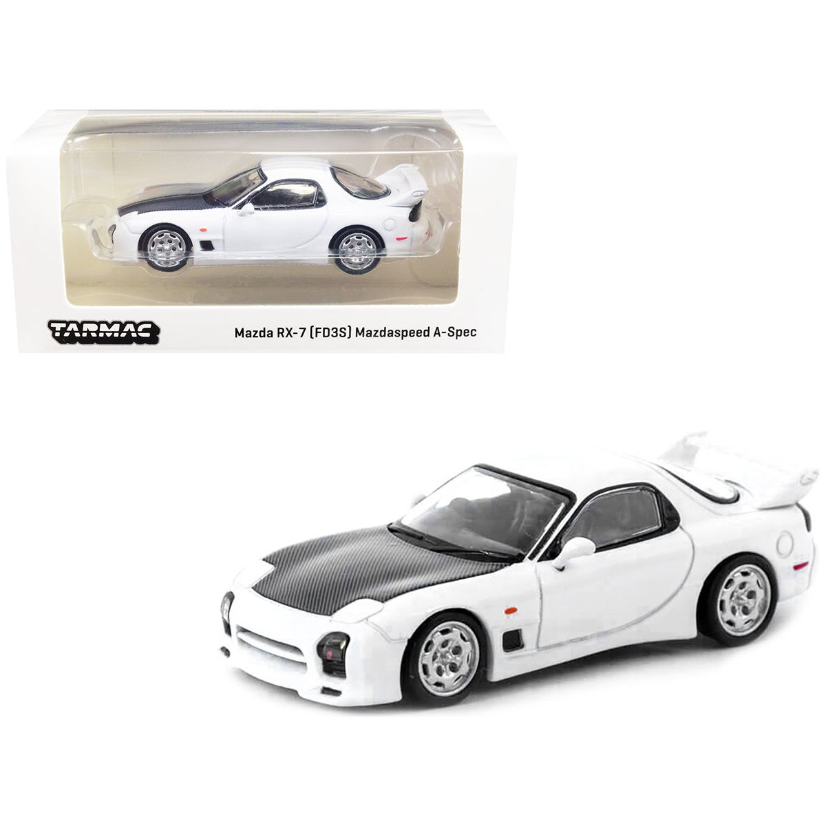 Mazda RX - 7 (FD3S) Mazdaspeed A - Spec RHD (Right Hand Drive) Chaste White with Carbon Hood "Global64" Series 1/64 Diecast Model Car by Tarmac Works - Tarmac Works - ModelCars.com
