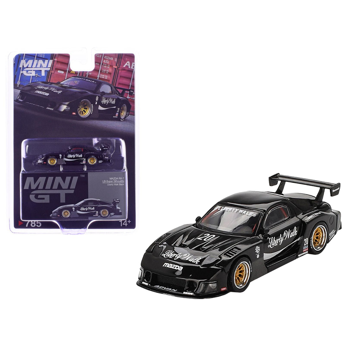 Mazda RX-7 LB-Super Silhouette #20 "Liberty Walk" Black Limited Edition 1/64 Diecast Model Car by Mini GT-Mini GT-ModelCars.com