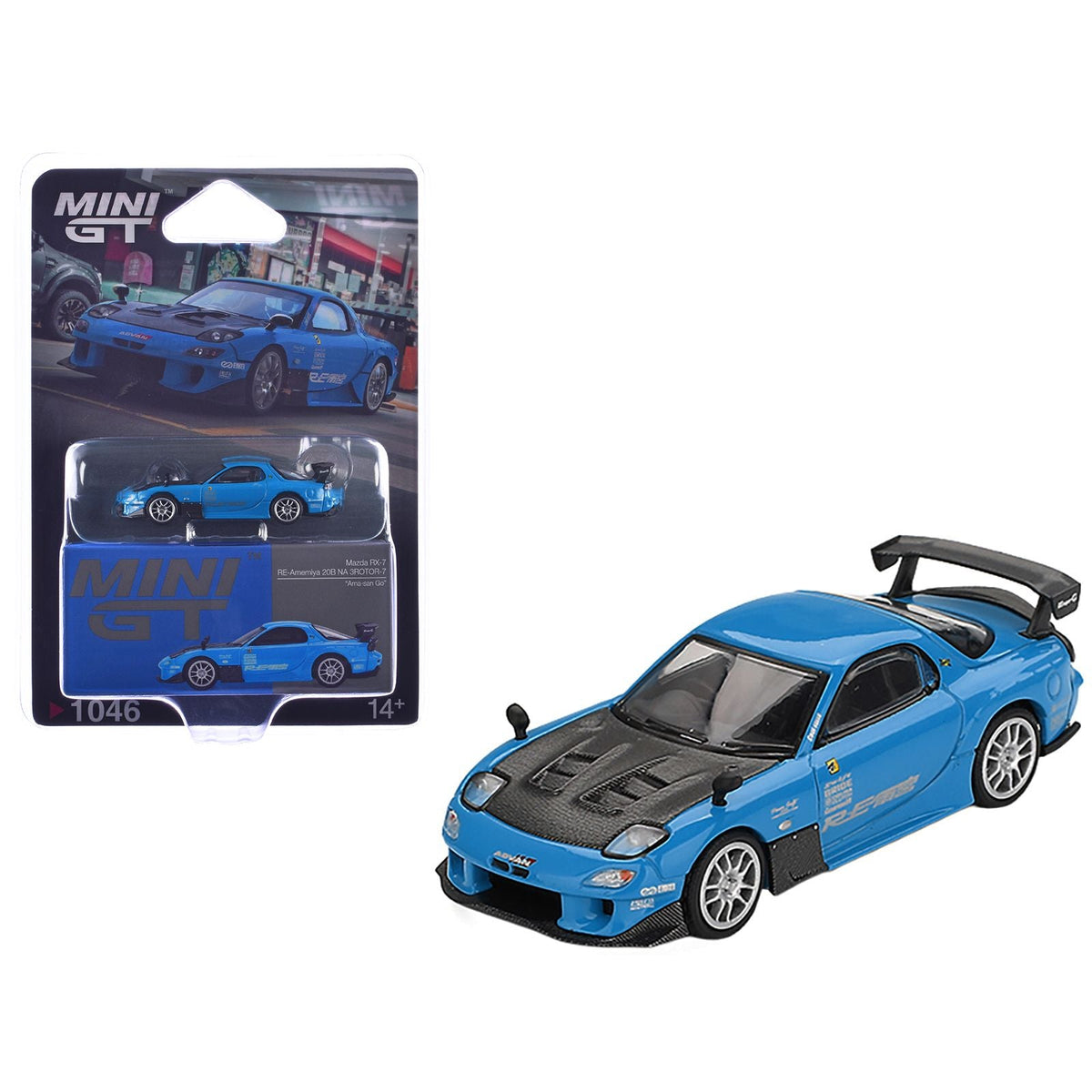 Mazda RX-7 RE-Amemiya 20B NA 3ROTOR-7 RHD (Right Hand Drive) "Ama-san Go" Blue with Carbon Hood Limited Edition 1/64 Diecast Model Car by Mini GT-Mini GT-ModelCars.com