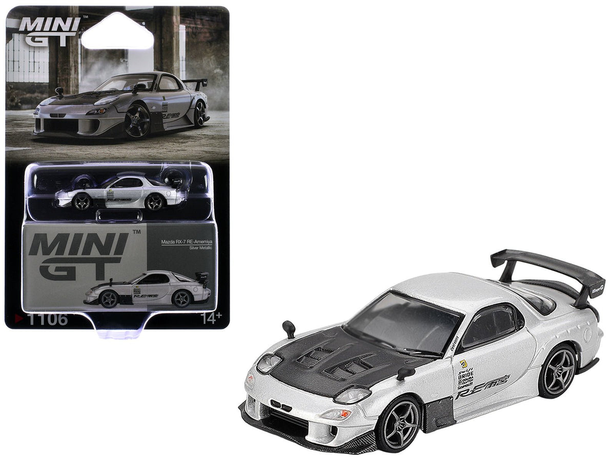 Mazda RX-7 RE-Amemiya Silver Metallic with Matt Black Hood Limited Edition 1/64 Diecast Model Car by Mini GT-Mini GT-ModelCars.com