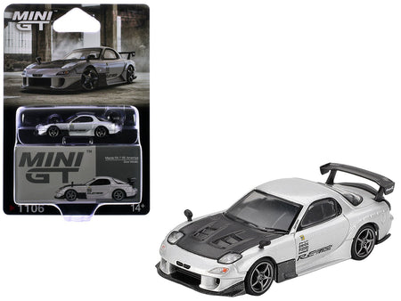 Mazda RX-7 RE-Amemiya Silver Metallic with Matt Black Hood Limited Edition 1/64 Diecast Model Car by Mini GT-Mini GT-ModelCars.com