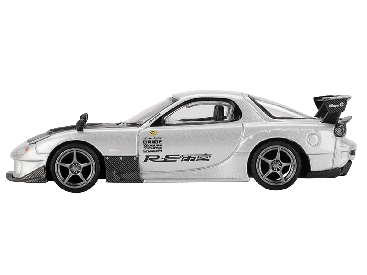 Mazda RX-7 RE-Amemiya Silver Metallic with Matt Black Hood Limited Edition 1/64 Diecast Model Car by Mini GT-Mini GT-ModelCars.com
