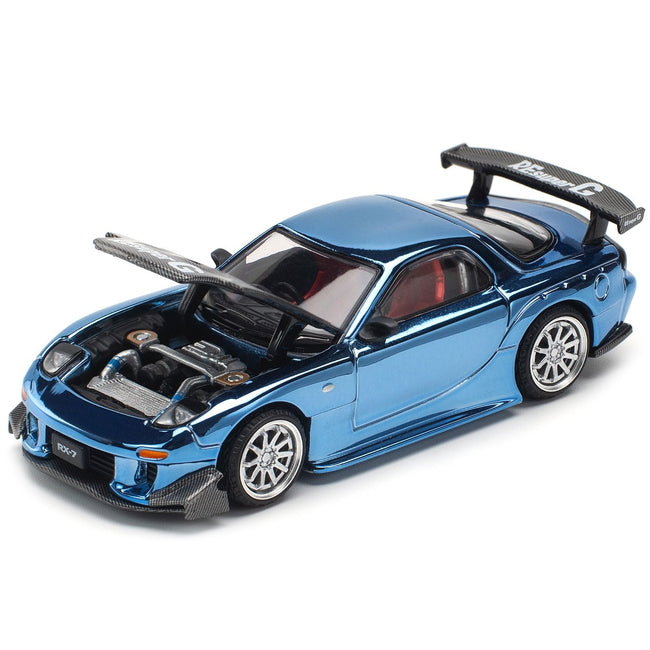 Mazda RX-7 RE-Amemiya Widebody RHD (Right Hand Drive) Blue Chrome with Carbon Hood 1/64 Diecast Model Car by Pop Race-Pop Race-ModelCars.com
