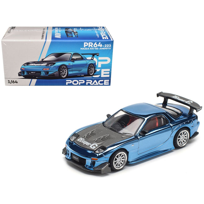 Mazda RX-7 RE-Amemiya Widebody RHD (Right Hand Drive) Blue Chrome with Carbon Hood 1/64 Diecast Model Car by Pop Race-Pop Race-ModelCars.com