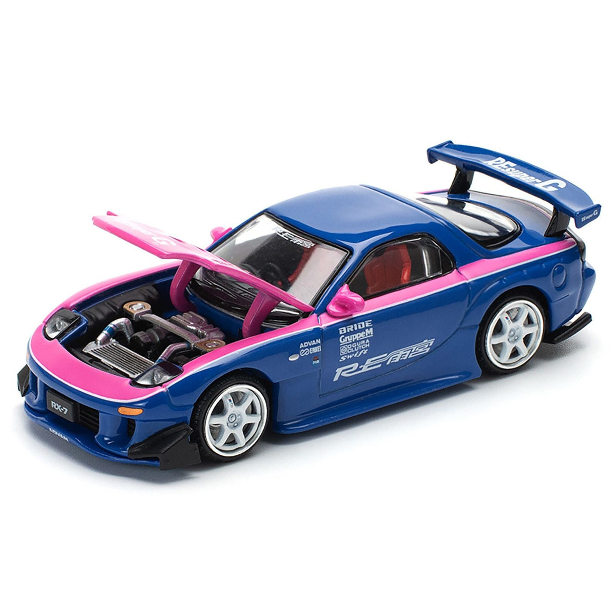 Mazda RX-7 RE-Amemiya Widebody RHD (Right Hand Drive) Blue with Pink Hood and Stripes 1/64 Diecast Model Car by Pop Race-Pop Race-ModelCars.com