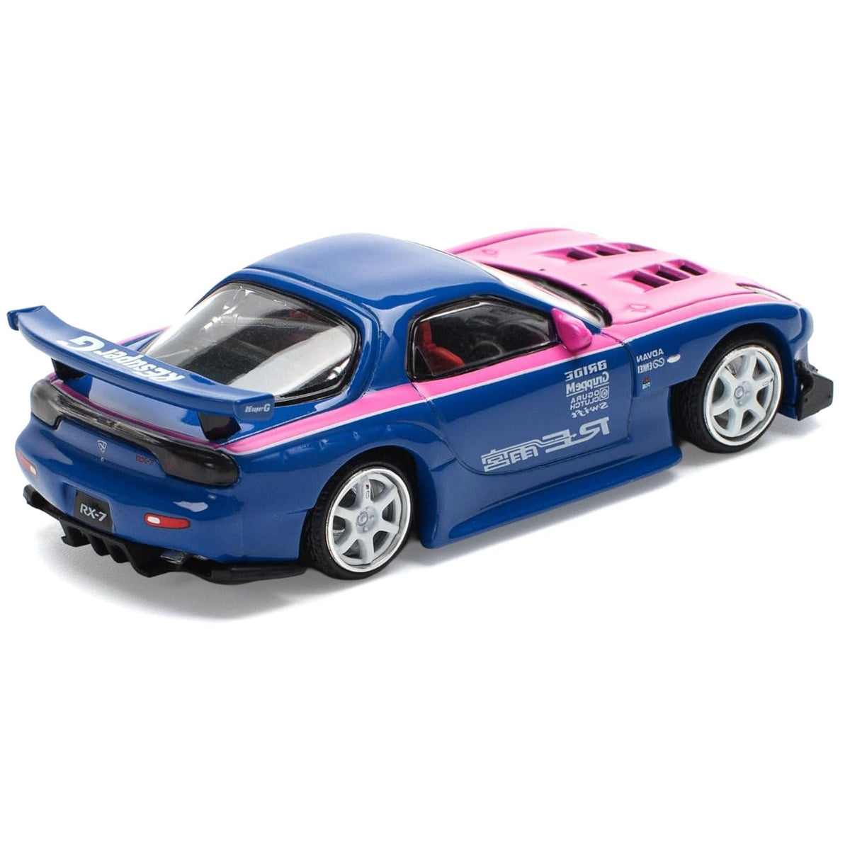 Mazda RX-7 RE-Amemiya Widebody RHD (Right Hand Drive) Blue with Pink Hood and Stripes 1/64 Diecast Model Car by Pop Race-Pop Race-ModelCars.com