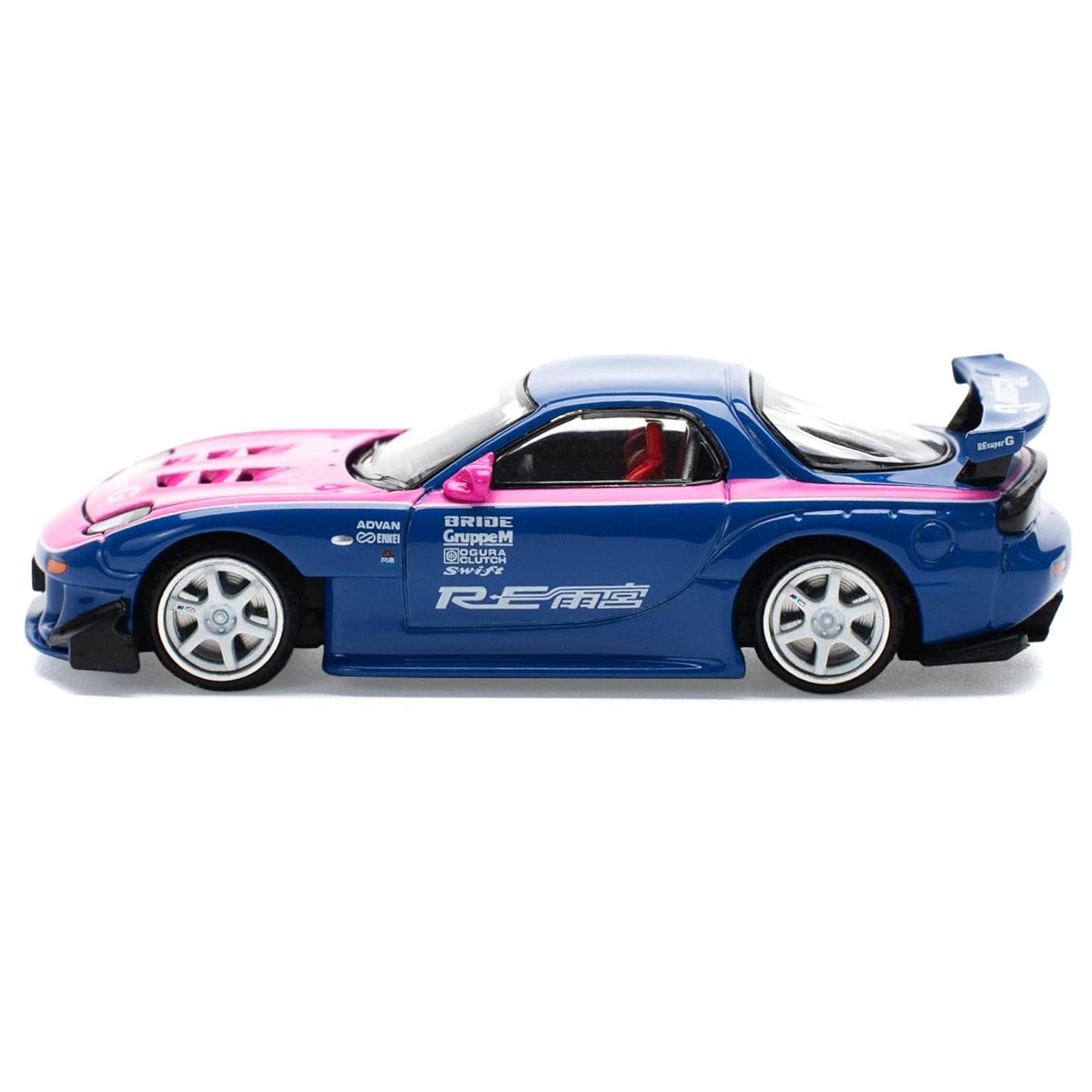 Mazda RX-7 RE-Amemiya Widebody RHD (Right Hand Drive) Blue with Pink Hood and Stripes 1/64 Diecast Model Car by Pop Race-Pop Race-ModelCars.com