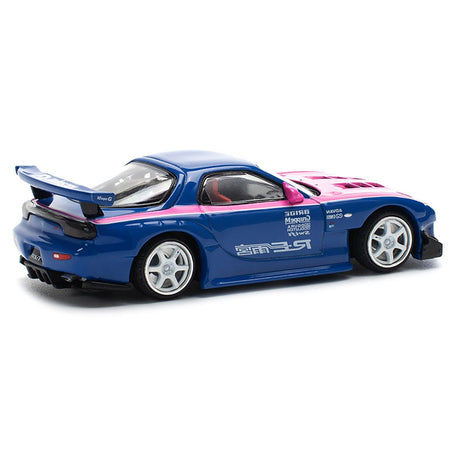 Mazda RX-7 RE-Amemiya Widebody RHD (Right Hand Drive) Blue with Pink Hood and Stripes 1/64 Diecast Model Car by Pop Race-Pop Race-ModelCars.com