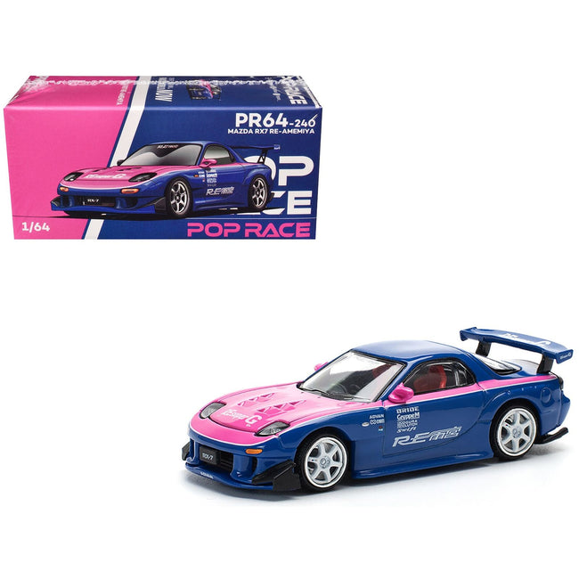 Mazda RX-7 RE-Amemiya Widebody RHD (Right Hand Drive) Blue with Pink Hood and Stripes 1/64 Diecast Model Car by Pop Race-Pop Race-ModelCars.com