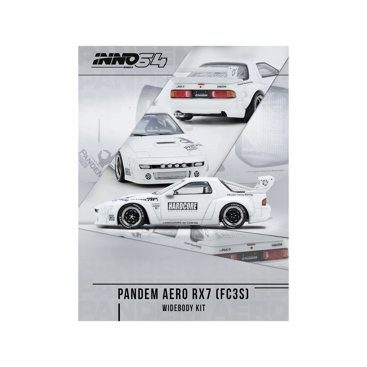 Mazda RX7 (FC3S) "Pandem Aero" Widebody Kit White with Graphics 1/64 Diecast Model Car by Inno Models-Inno Models-ModelCars.com