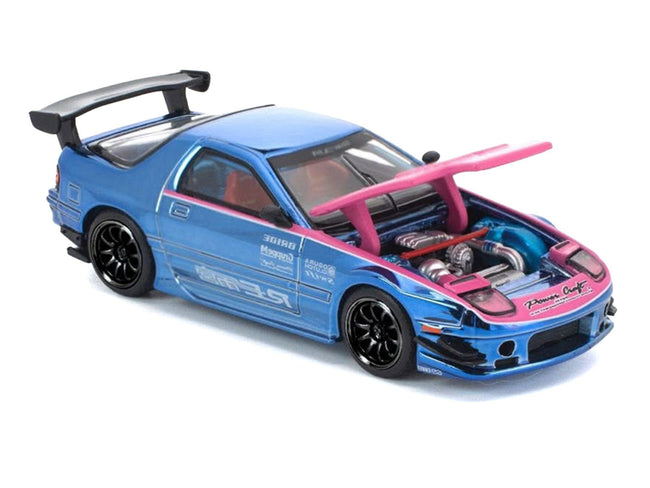 Mazda RX7 (FC3S) RE Amemiya RHD (Right Hand Drive) Blue Chrome with Pink Hood "Street 7 Chrome" 1/64 Diecast Model Car by Pop Race-Pop Race-ModelCars.com