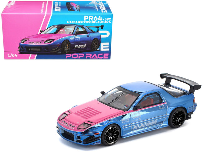 Mazda RX7 (FC3S) RE Amemiya RHD (Right Hand Drive) Blue Chrome with Pink Hood "Street 7 Chrome" 1/64 Diecast Model Car by Pop Race-Pop Race-ModelCars.com