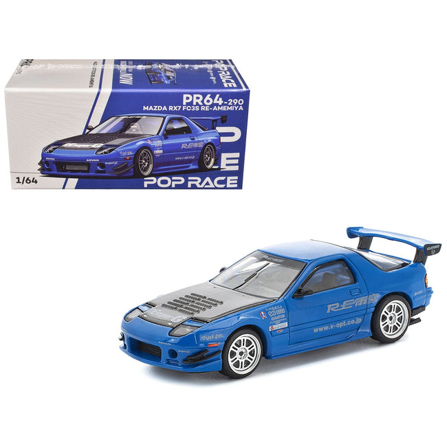 Mazda RX7 (FC3S) RE Amemiya RHD (Right Hand Drive) Blue Metallic with Carbon Hood 1/64 Diecast Model Car by Pop Race-Pop Race-ModelCars.com