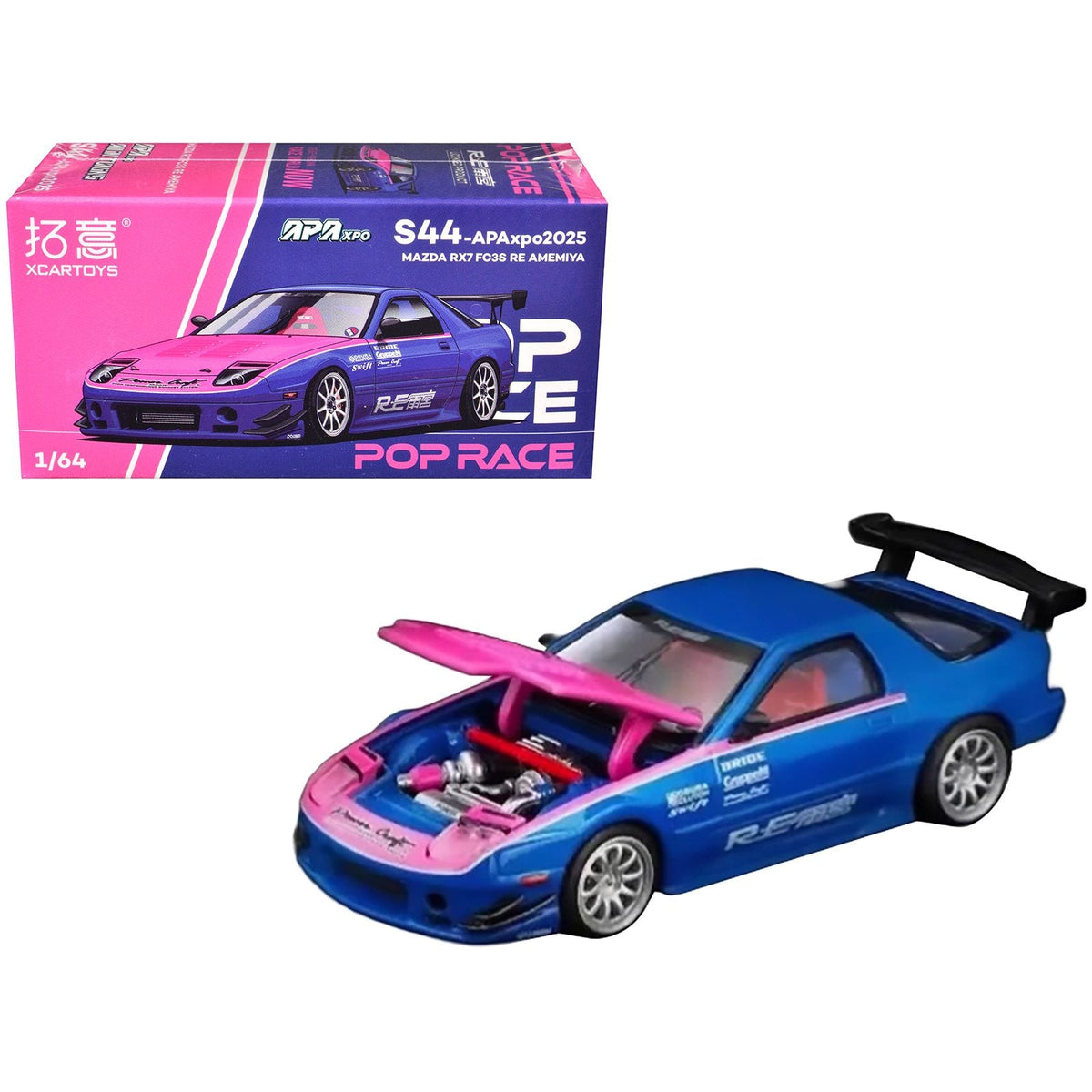 Mazda RX7 (FC3S) RE Amemiya RHD (Right Hand Drive) Blue Metallic with Pink Hood "APA XPO 2025 Exclusive" 1/64 Diecast Model Car by Pop Race-Pop Race-ModelCars.com