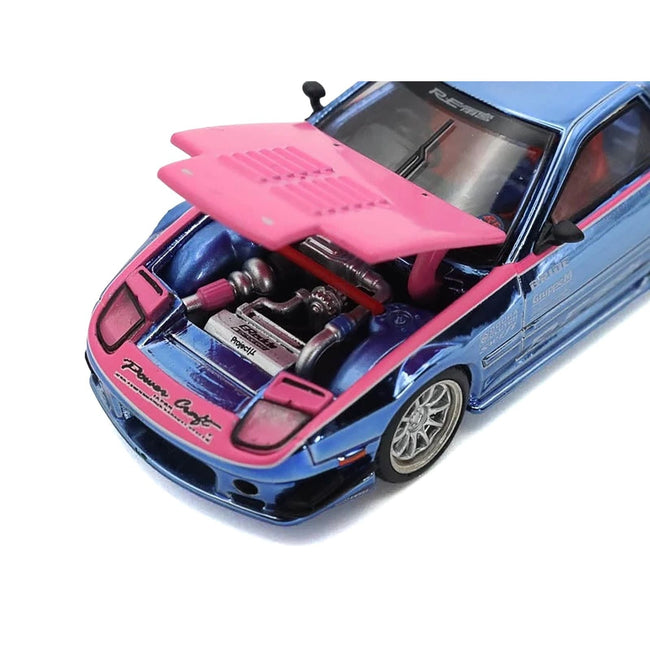 Mazda RX7 (FC3S) RE Amemiya RHD (Right Hand Drive) Blue Metallic with Pink Hood "Los Angeles Edition" 1/64 Diecast Model Car by Pop Race-Pop Race-ModelCars.com