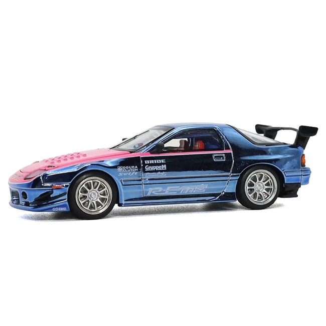 Mazda RX7 (FC3S) RE Amemiya RHD (Right Hand Drive) Blue Metallic with Pink Hood "Los Angeles Edition" 1/64 Diecast Model Car by Pop Race-Pop Race-ModelCars.com