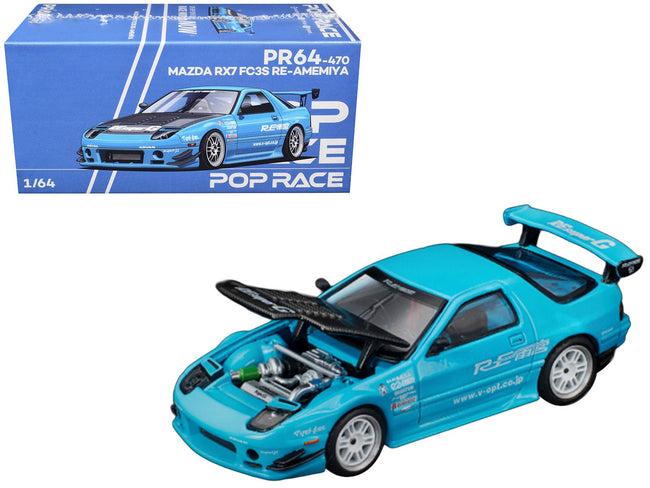 Mazda RX7 (FC3S) RE Amemiya RHD (Right Hand Drive) Light Blue with Carbon Hood "Tokyo Auto Salon 2026" 1/64 Diecast Model Car by Pop Race-Pop Race-ModelCars.com