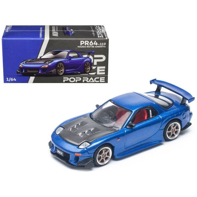 Mazda RX7 (FD) "RE Amemiya" RHD (Right Hand Drive) Blue Metallic with Carbon Top 1/64 Diecast Model Car by Pop Race-Pop Race-ModelCars.com