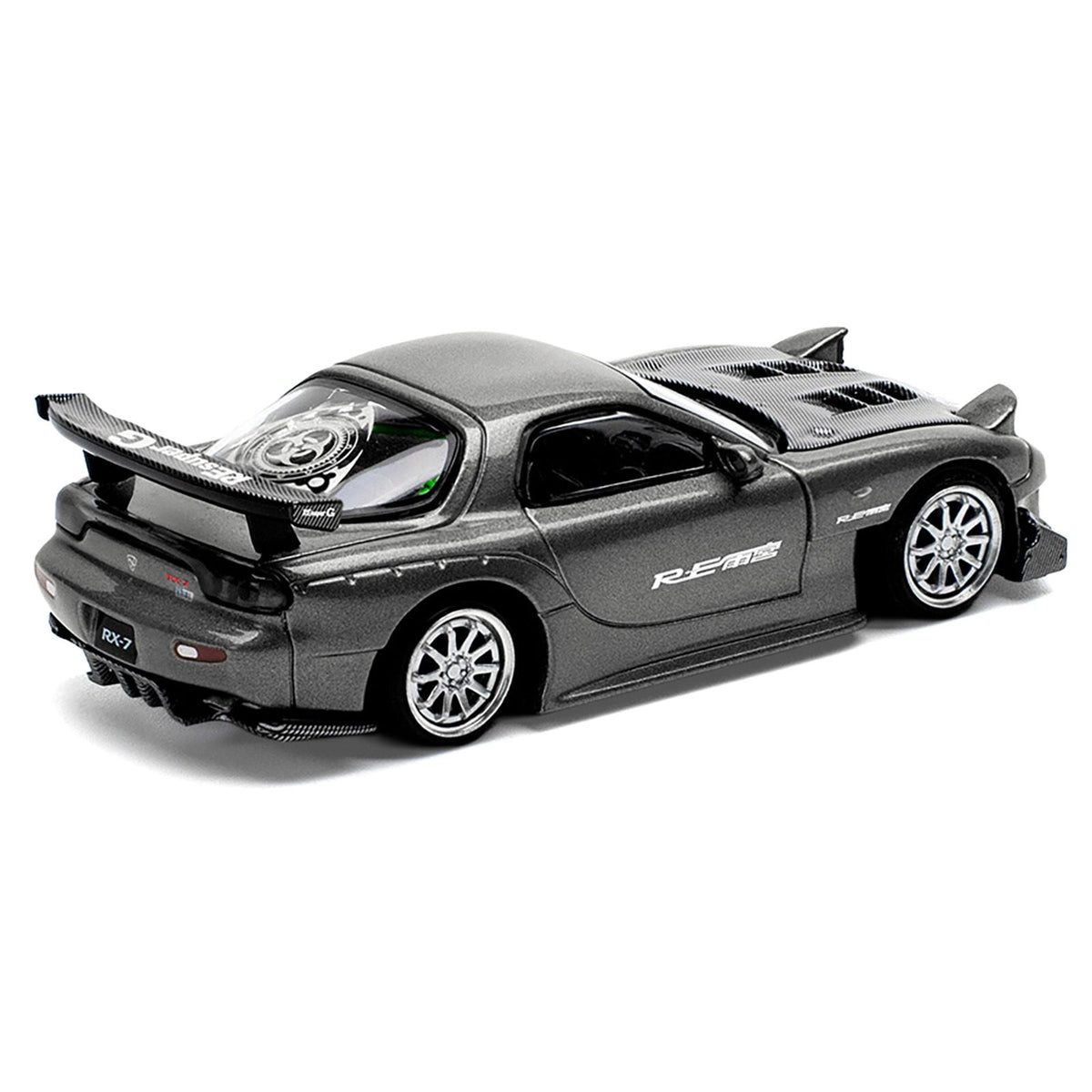 Mazda RX7 (FD) "RE Amemiya" Widebody RHD (Right Hand Drive) Gunmetal Gray Metallic with Carbon Hood 1/64 Diecast Model Car by Pop Race-Pop Race-ModelCars.com