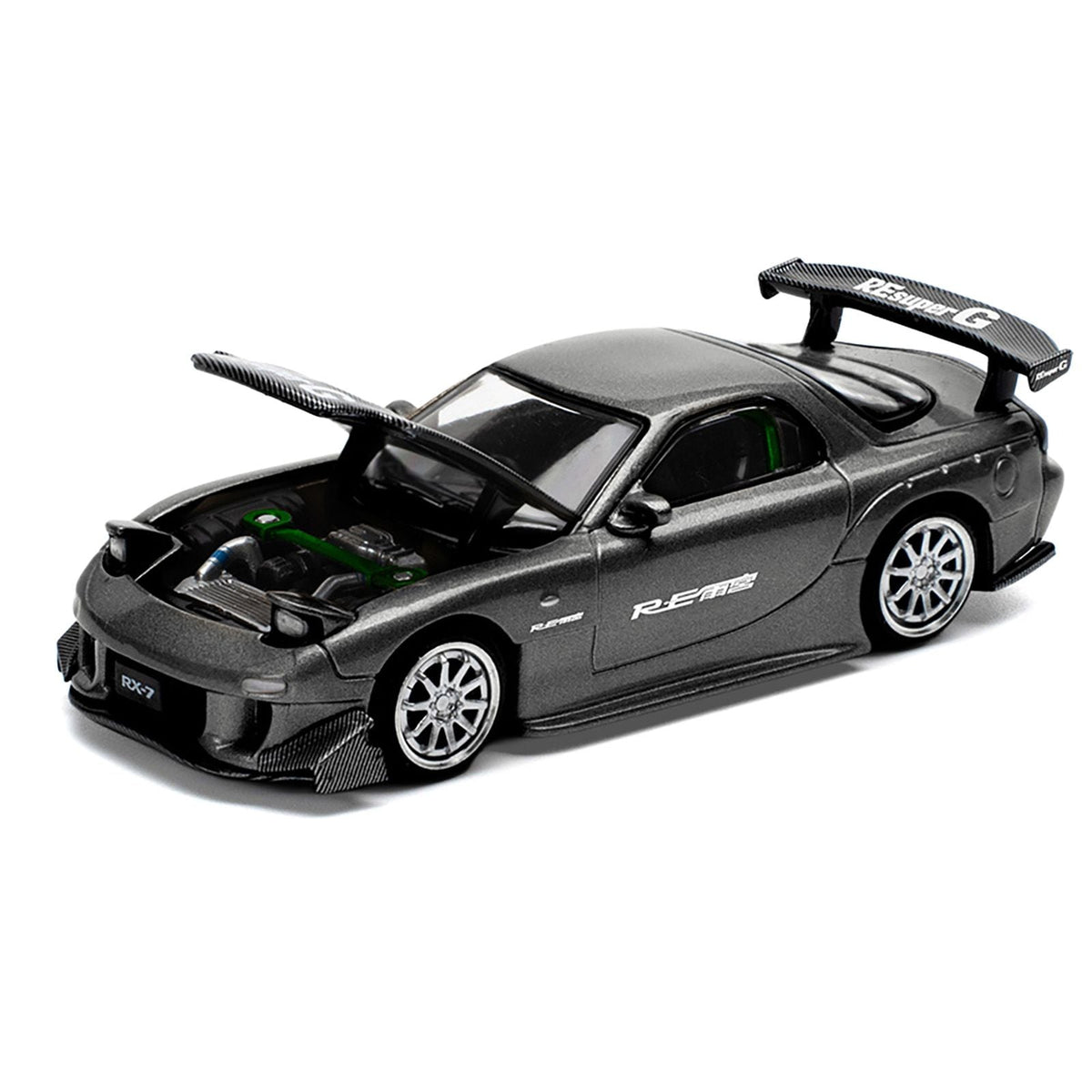 Mazda RX7 (FD) "RE Amemiya" Widebody RHD (Right Hand Drive) Gunmetal Gray Metallic with Carbon Hood 1/64 Diecast Model Car by Pop Race-Pop Race-ModelCars.com