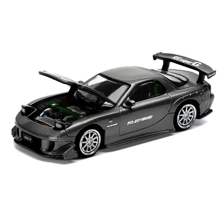 Mazda RX7 (FD) "RE Amemiya" Widebody RHD (Right Hand Drive) Gunmetal Gray Metallic with Carbon Hood 1/64 Diecast Model Car by Pop Race-Pop Race-ModelCars.com