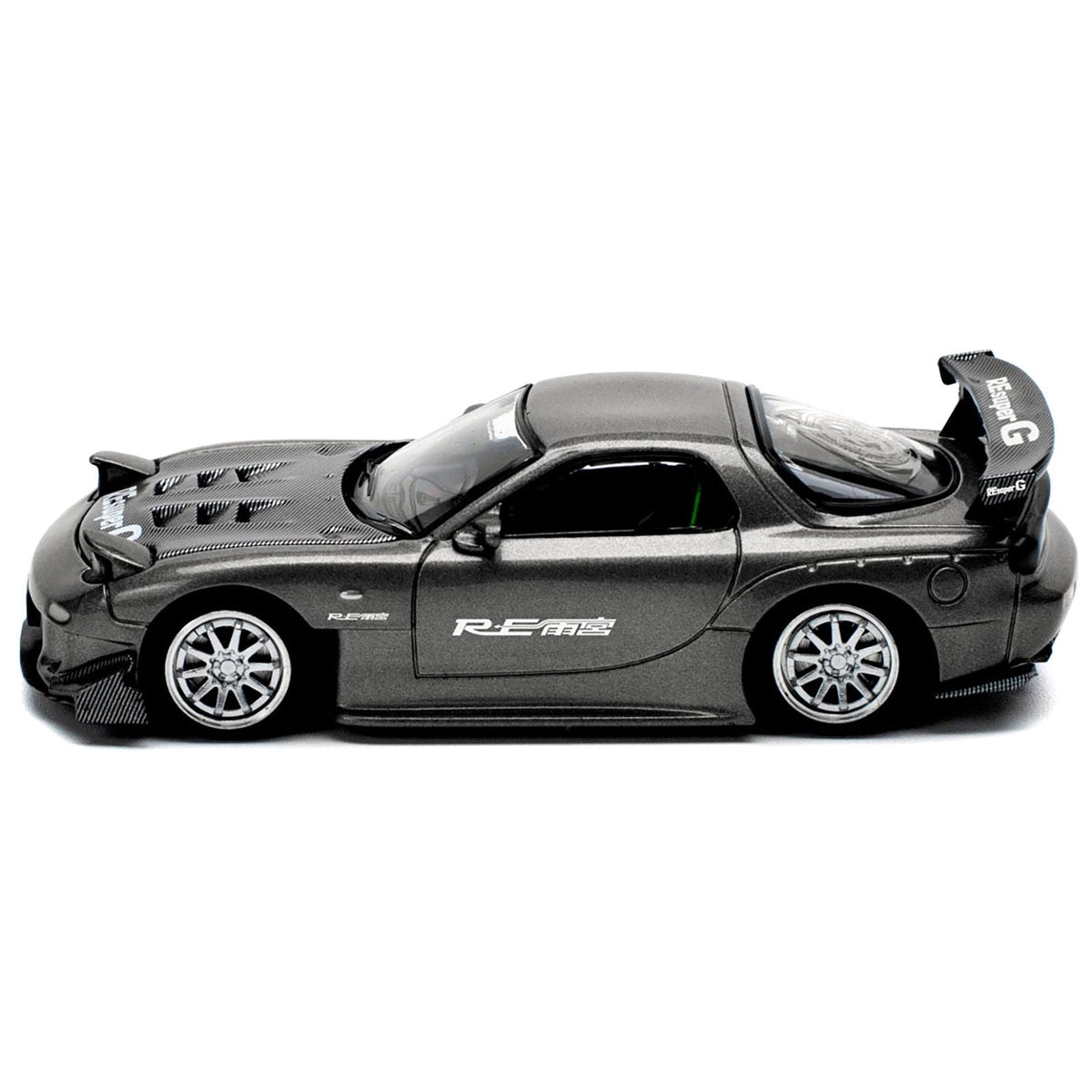 Mazda RX7 (FD) "RE Amemiya" Widebody RHD (Right Hand Drive) Gunmetal Gray Metallic with Carbon Hood 1/64 Diecast Model Car by Pop Race-Pop Race-ModelCars.com