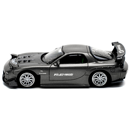 Mazda RX7 (FD) "RE Amemiya" Widebody RHD (Right Hand Drive) Gunmetal Gray Metallic with Carbon Hood 1/64 Diecast Model Car by Pop Race-Pop Race-ModelCars.com