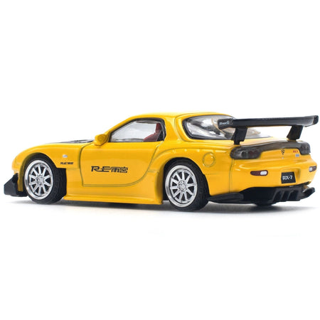 Mazda RX7 (FD) "RE Amemiya" Widebody RHD (Right Hand Drive) Yellow with Carbon Hood 1/64 Diecast Model Car by Pop Race-Pop Race-ModelCars.com