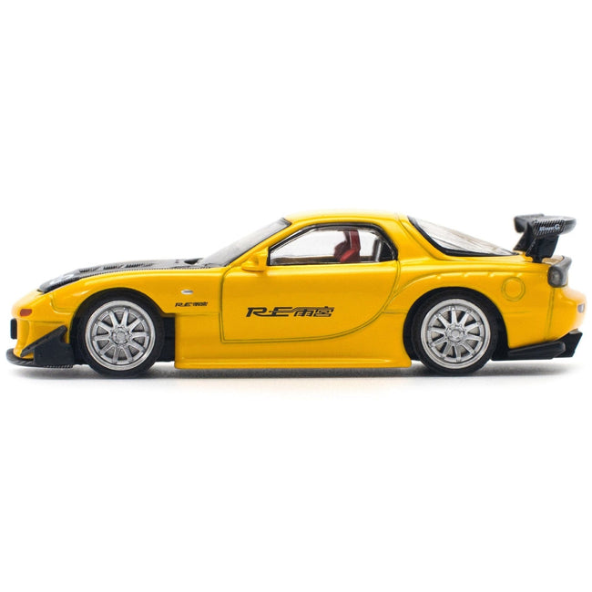 Mazda RX7 (FD) "RE Amemiya" Widebody RHD (Right Hand Drive) Yellow with Carbon Hood 1/64 Diecast Model Car by Pop Race-Pop Race-ModelCars.com