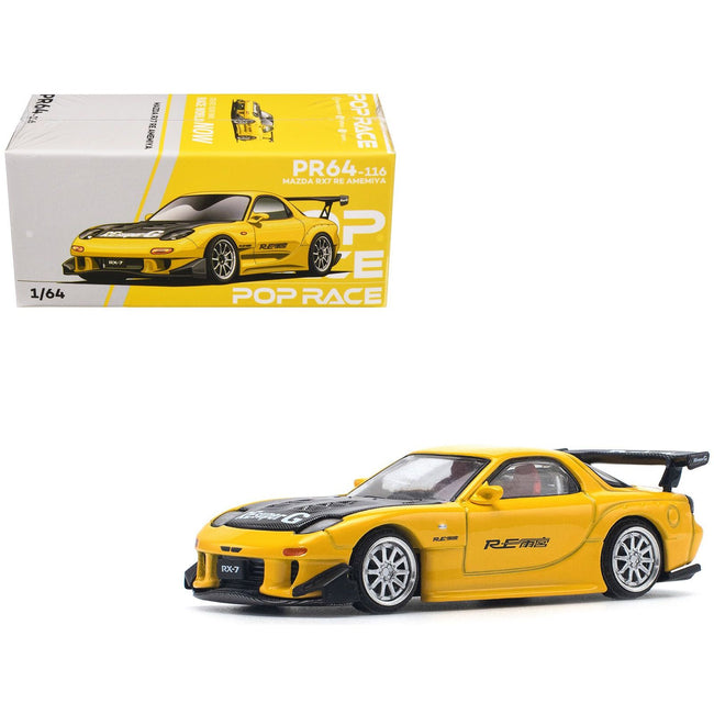 Mazda RX7 (FD) "RE Amemiya" Widebody RHD (Right Hand Drive) Yellow with Carbon Hood 1/64 Diecast Model Car by Pop Race - Pop Race - ModelCars.com