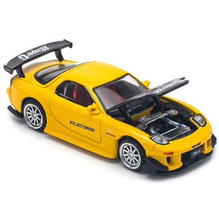 Mazda RX7 (FD) "RE Amemiya" Widebody RHD (Right Hand Drive) Yellow with Carbon Hood 1/64 Diecast Model Car by Pop Race-Pop Race-ModelCars.com