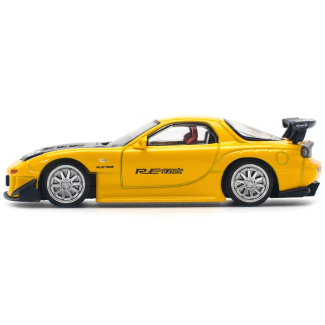 Mazda RX7 (FD) "RE Amemiya" Widebody RHD (Right Hand Drive) Yellow with Carbon Hood 1/64 Diecast Model Car by Pop Race - Pop Race - ModelCars.com
