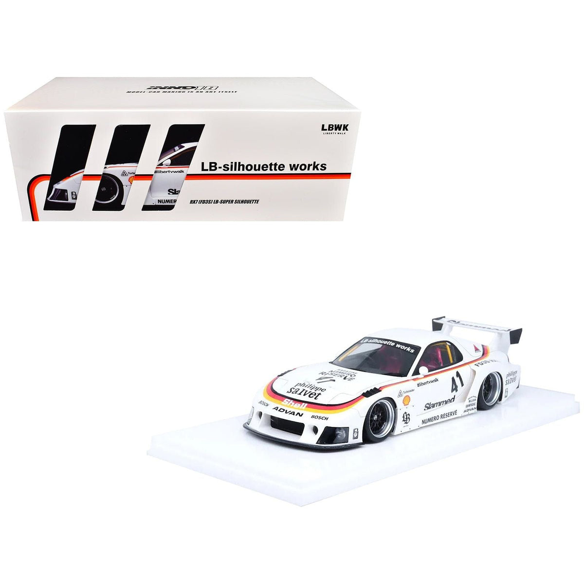 Mazda RX7 (FD3S) LB-Super Silhouette RHD (Right Hand Drive) #41 White with Stripes and Graphics 1/18 Model Car by Inno Models-Inno Models-ModelCars.com