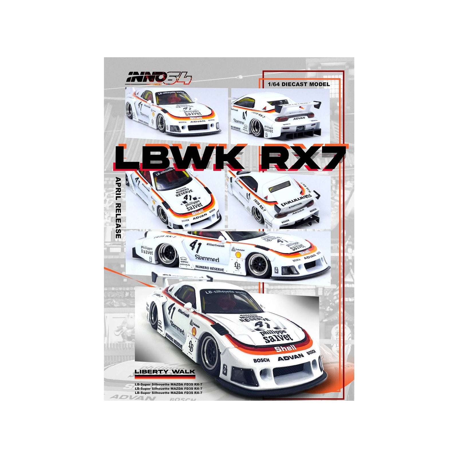 Mazda RX7 (FD3S) LB - Super - Silhouette RHD (Right Hand Drive) 41 White with Stripes and Graphics 1/64 Diecast Model Car by Inno Models - Inno Models - ModelCars.com