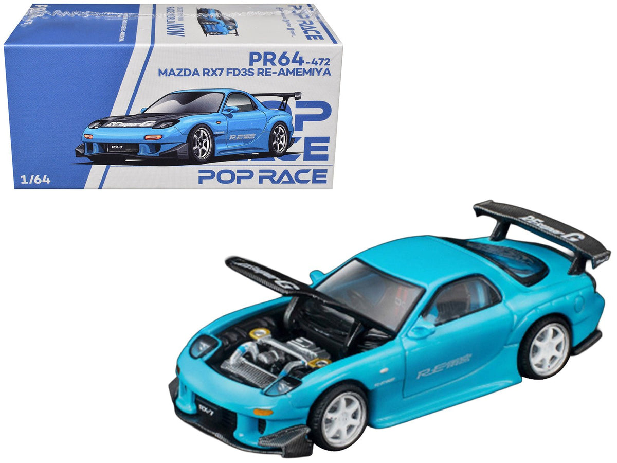 Mazda RX7 (FD3S) RE Amemiya RHD (Right Hand Drive) Light Blue with Carbon Hood "Tokyo Auto Salon 2026" 1/64 Diecast Model Car by Pop Race-Pop Race-ModelCars.com
