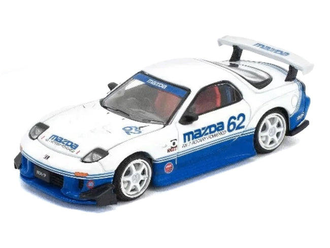 Mazda RX7 RE-Amemiya RHD (Right Hand Drive) #62 White and Blue with Graphics "Enigma Exclusive Edition" 1/64 Diecast Model Car by Pop Race-Pop Race-ModelCars.com