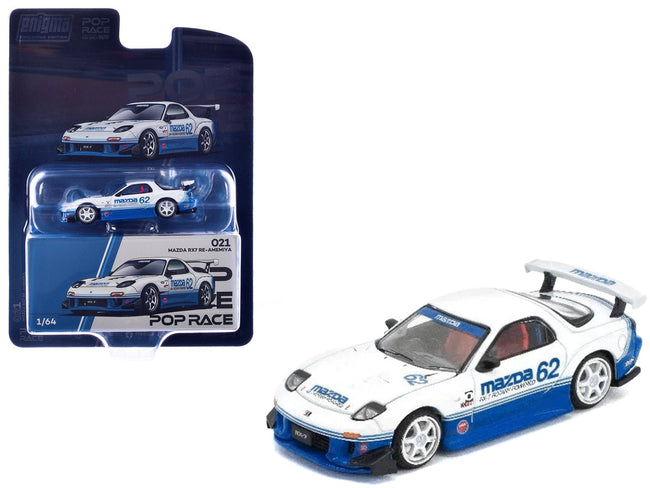 Mazda RX7 RE-Amemiya RHD (Right Hand Drive) #62 White and Blue with Graphics "Enigma Exclusive Edition" 1/64 Diecast Model Car by Pop Race-Pop Race-ModelCars.com