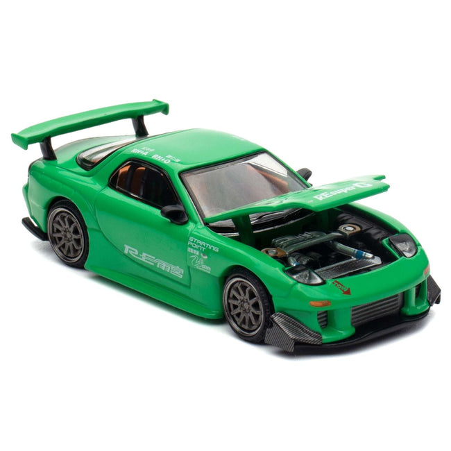 Mazda RX7 "RE Amemiya" Widebody RHD (Right Hand Drive) Green 1/64 Diecast Model Car by Pop Race-Pop Race-ModelCars.com