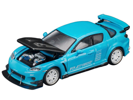Mazda RX8 RE Amemiya RHD (Right Hand Drive) Light Blue with Carbon Hood "Tokyo Auto Salon 2026" 1/64 Diecast Model Car by Pop Race-Pop Race-ModelCars.com