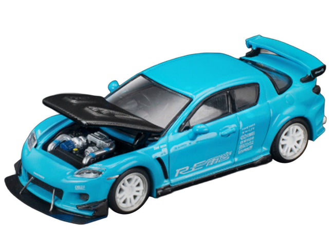 Mazda RX8 RE Amemiya RHD (Right Hand Drive) Light Blue with Carbon Hood "Tokyo Auto Salon 2026" 1/64 Diecast Model Car by Pop Race-Pop Race-ModelCars.com