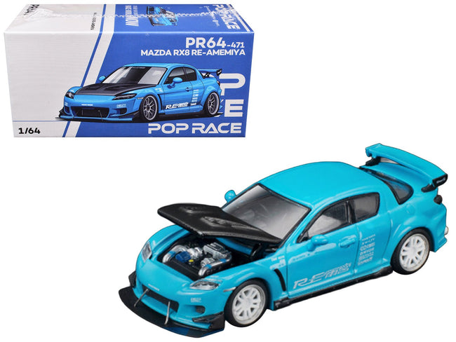 Mazda RX8 RE Amemiya RHD (Right Hand Drive) Light Blue with Carbon Hood "Tokyo Auto Salon 2026" 1/64 Diecast Model Car by Pop Race-Pop Race-ModelCars.com