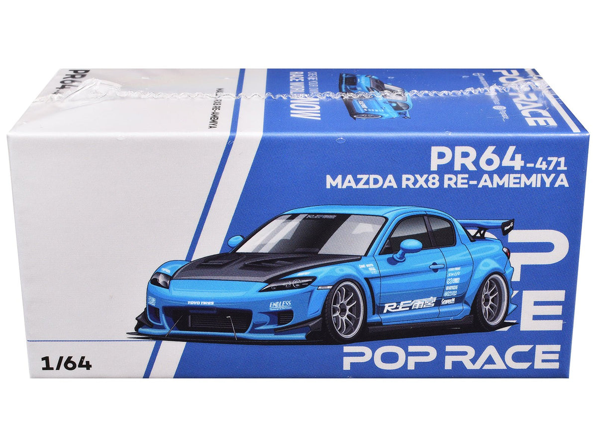 Mazda RX8 RE Amemiya RHD (Right Hand Drive) Light Blue with Carbon Hood "Tokyo Auto Salon 2026" 1/64 Diecast Model Car by Pop Race-Pop Race-ModelCars.com